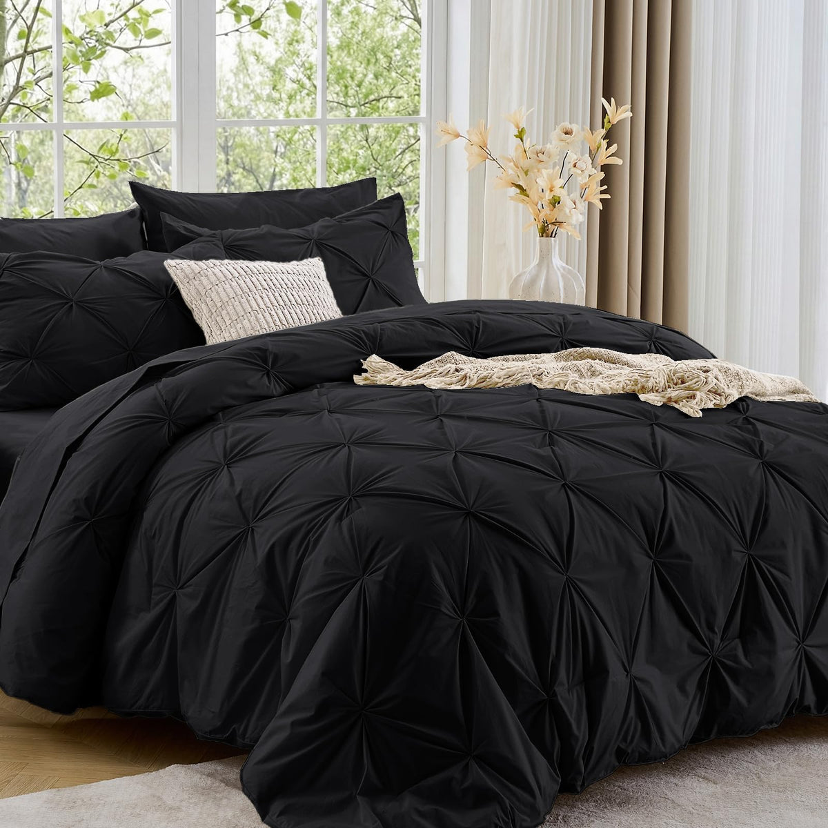 Sasttie Queen Comforter Set, 7-Piece Bed in a Bag, Pintuck Bedding Sets for All Season, Includes Comforter, Flat Sheet, Fitted Sheet, Pillowcases and Pillowshams, Beige