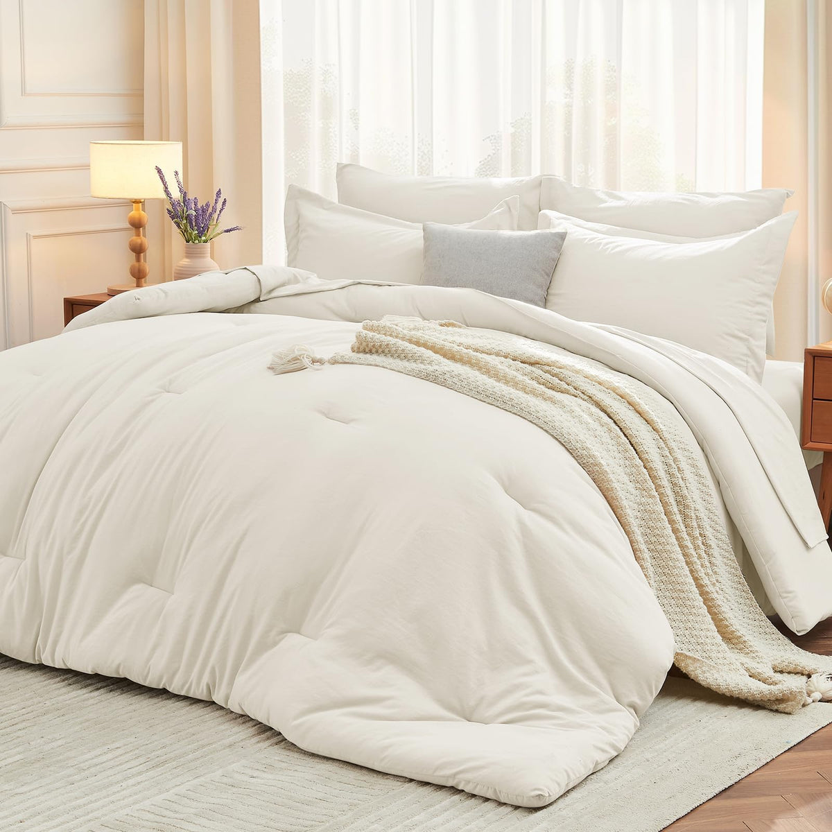 MUXHOMO 7 Pieces Queen Comforter Set, Soft Bed in a Bag Queen Size, All Season Bedding Set with Comforter, Flat Sheet, Fitted Sheet, Pillowcases & Shams, Beige