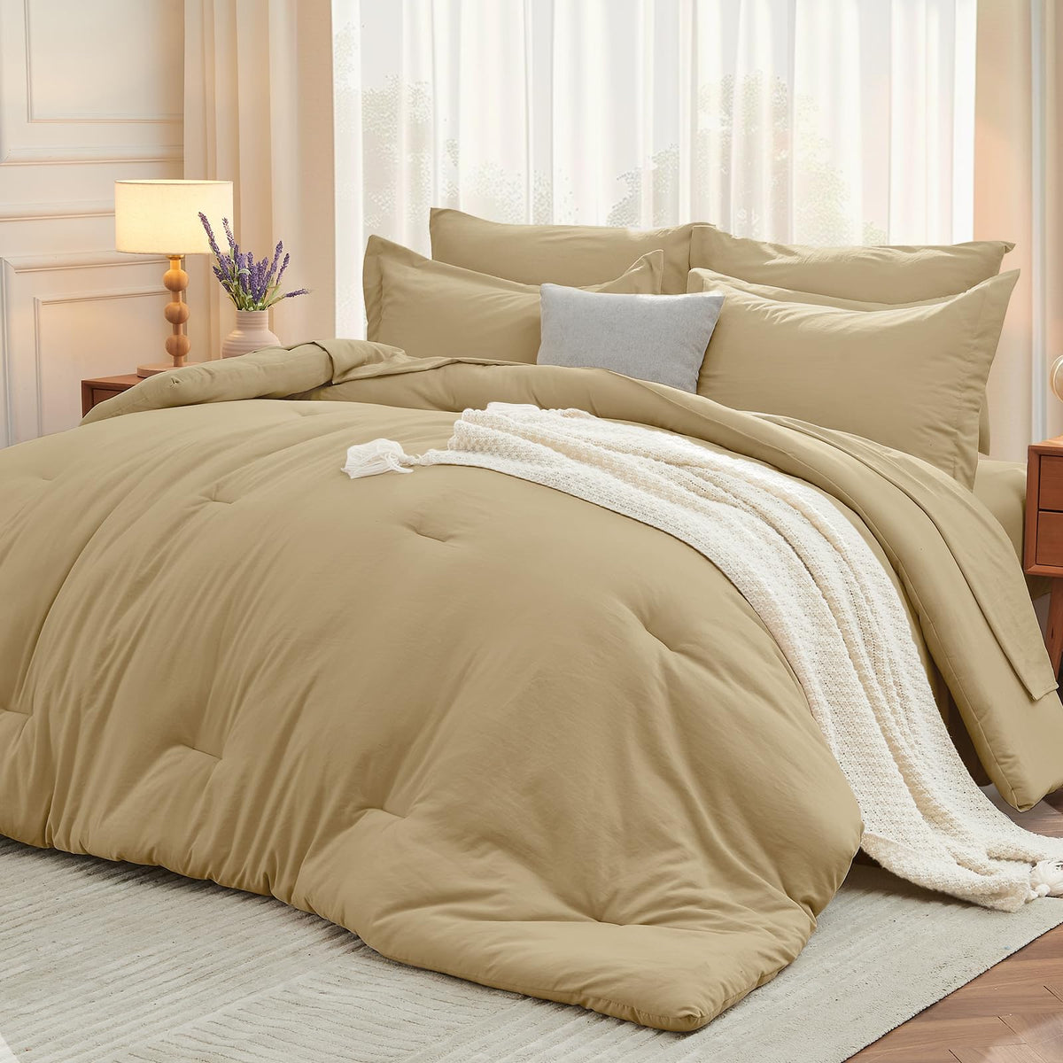 MUXHOMO 7 Pieces California King Comforter Set, Soft Bed in a Bag Cal King Size, All Season Bedding Set with Comforter, Flat Sheet, Fitted Sheet, Pillowcases & Shams, Beige