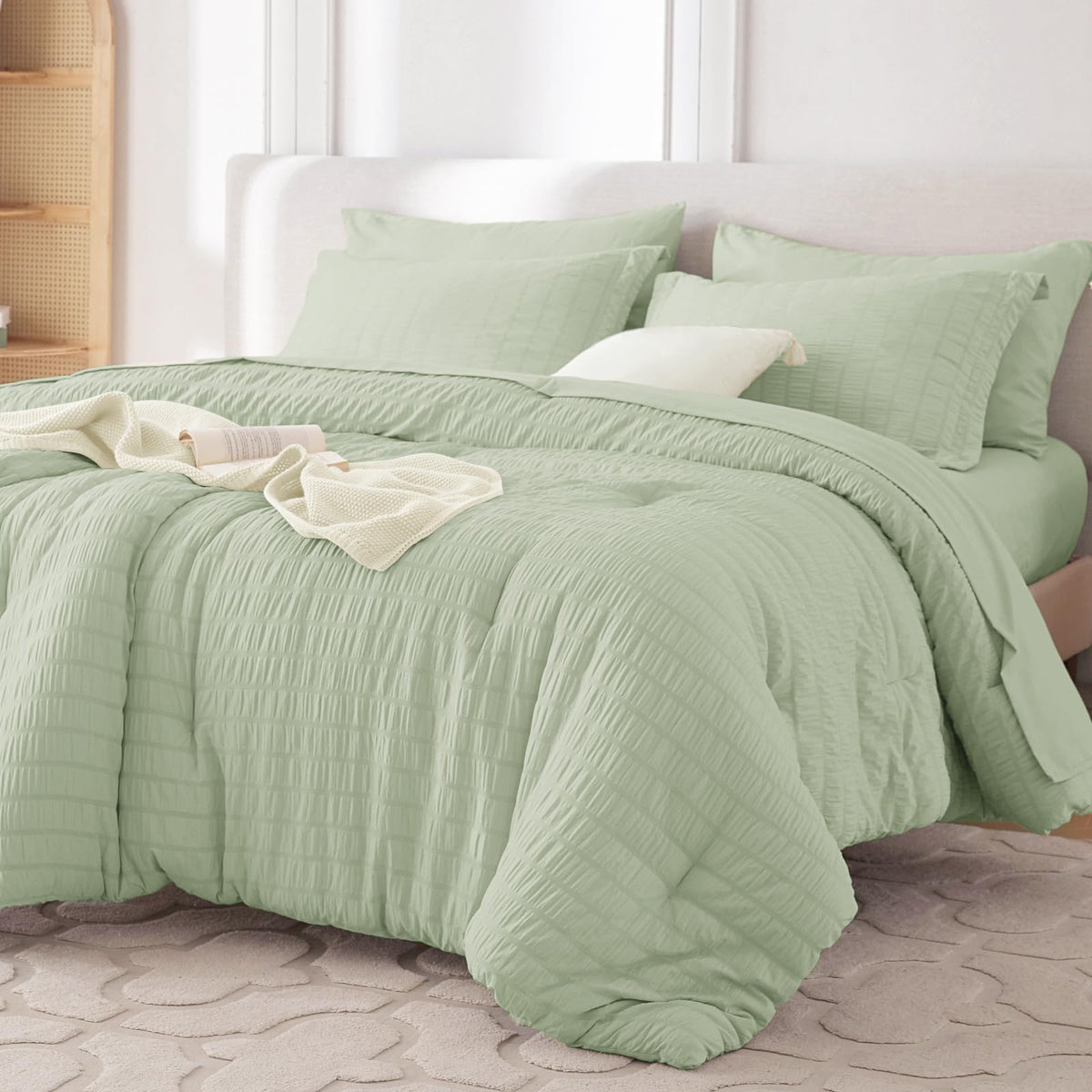 MUXHOMO 7 Pieces Queen Comforter Set, Seersucker Bed in a Bag Queen Size, All Season Luxury Bedding Set with Comforter, Flat Sheet, Fitted Sheet, Pillowcases & Shams, Beige
