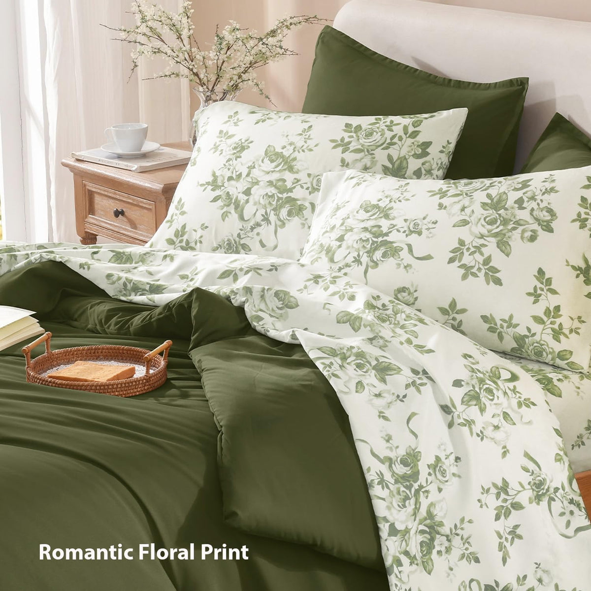 Litanika Floral Queen Comforter Set, 7 Peices Olive Green Bed in a Bag