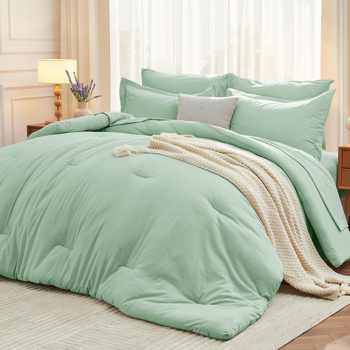 MUXHOMO 7 Pieces California King Comforter Set, Soft Bed in a Bag Cal King Size, All Season Bedding Set with Comforter, Flat Sheet, Fitted Sheet, Pillowcases & Shams, Beige