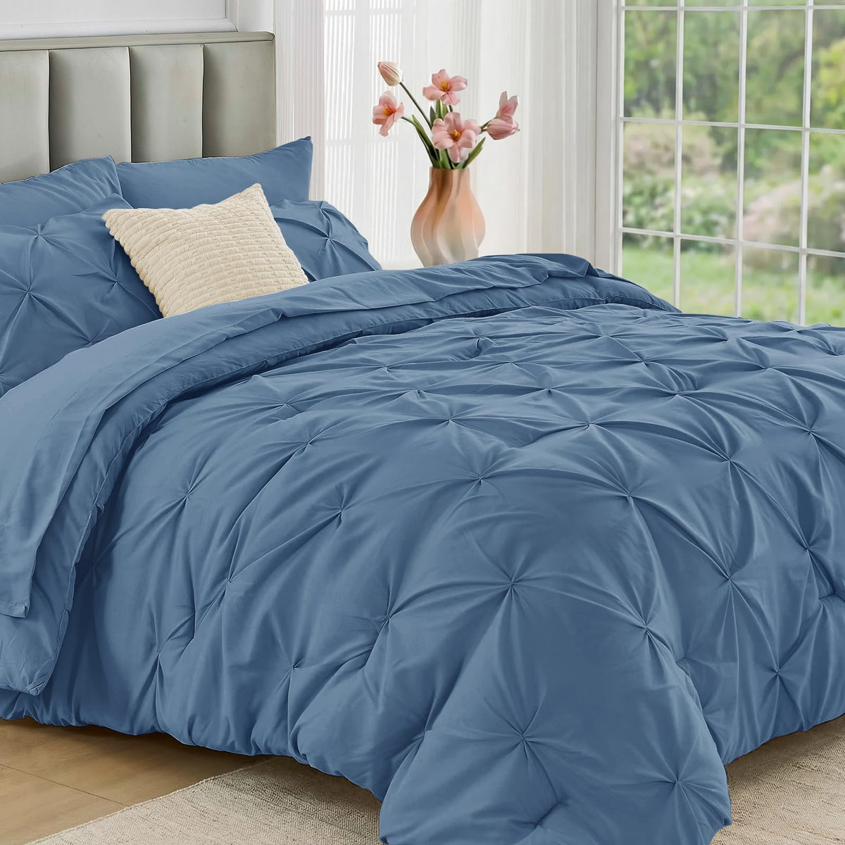 JOLLYVOGUE Queen Comforter Set 7 Pieces - Bed in a Bag Queen for All Season, Pintuck Bedding Comforter Sets with Comforter, Flat Sheet, Fitted Sheet and Pillowcases & Shams, Pink