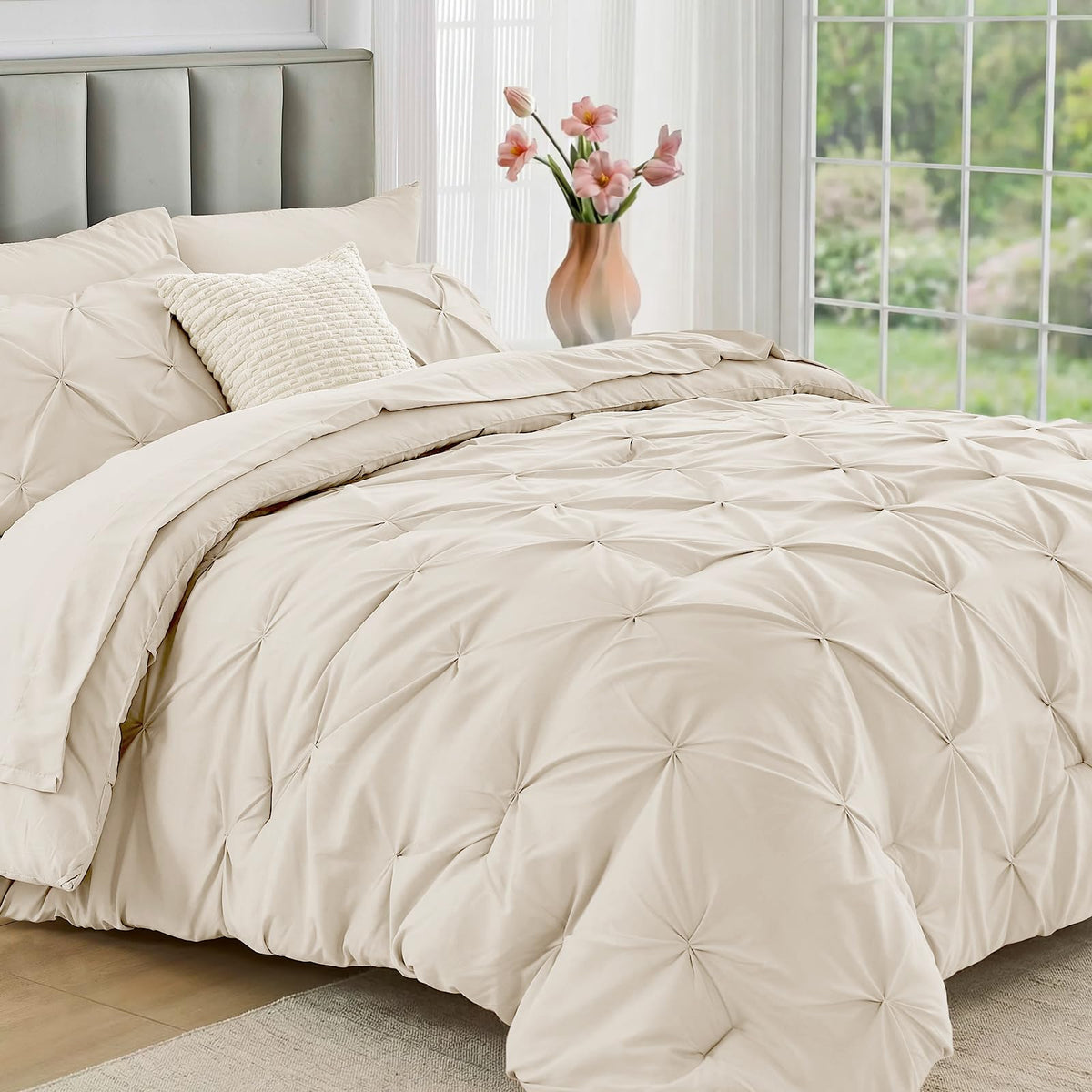 JOLLYVOGUE Queen Comforter Set 7 Pieces - Bed in a Bag Queen for All Season, Pintuck Bedding Comforter Sets with Comforter, Flat Sheet, Fitted Sheet and Pillowcases & Shams, Pink