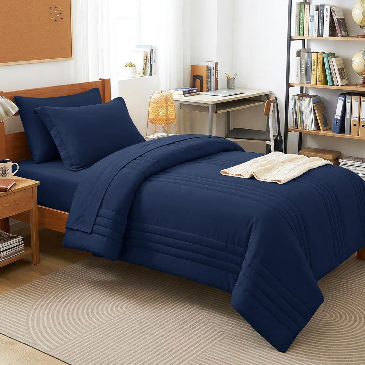 CozyLux Queen Comforter Set Beige - 7 Pieces Vertical Quilted Bed in a Bag