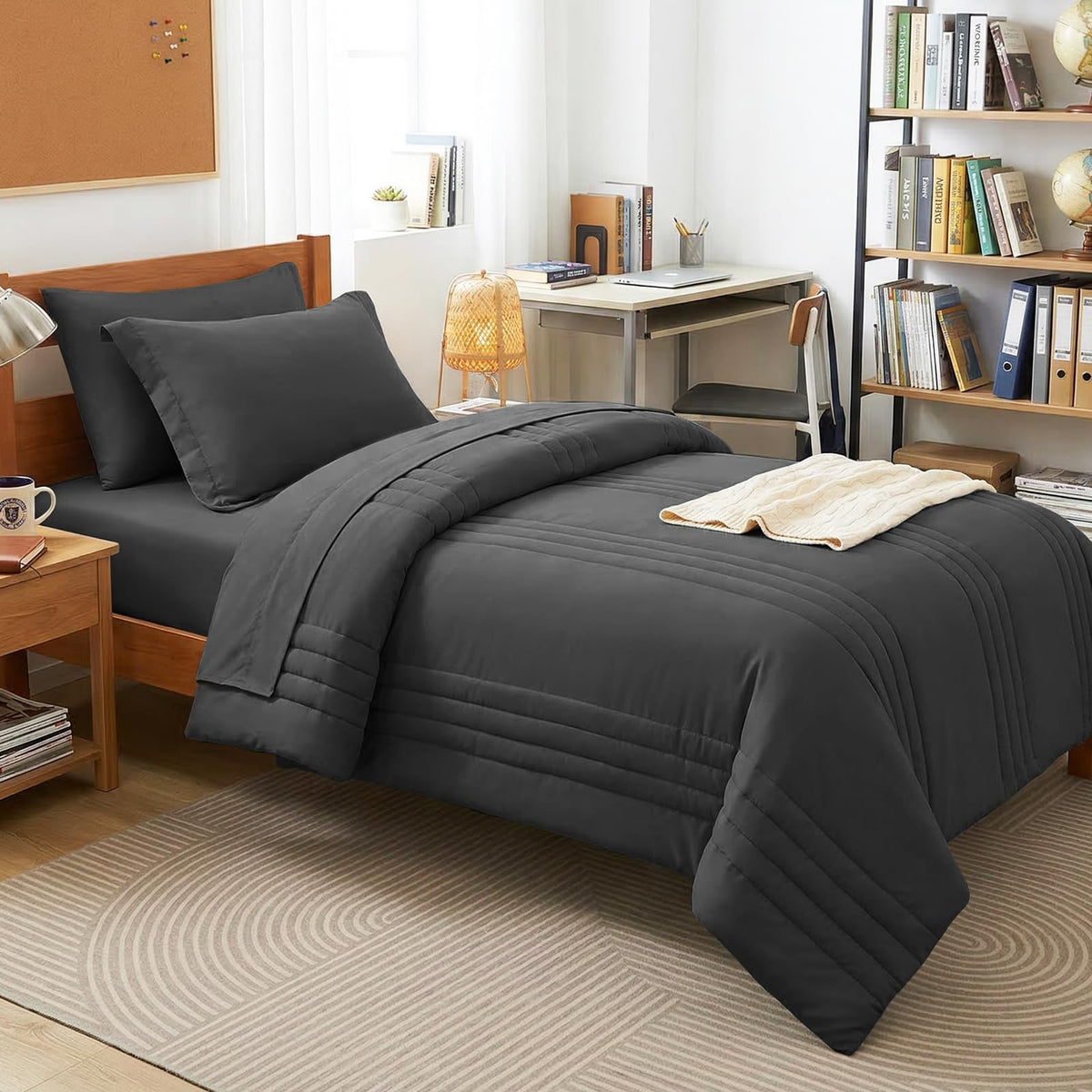 CozyLux Queen Comforter Set Beige - 7 Pieces Vertical Quilted Bed in a Bag