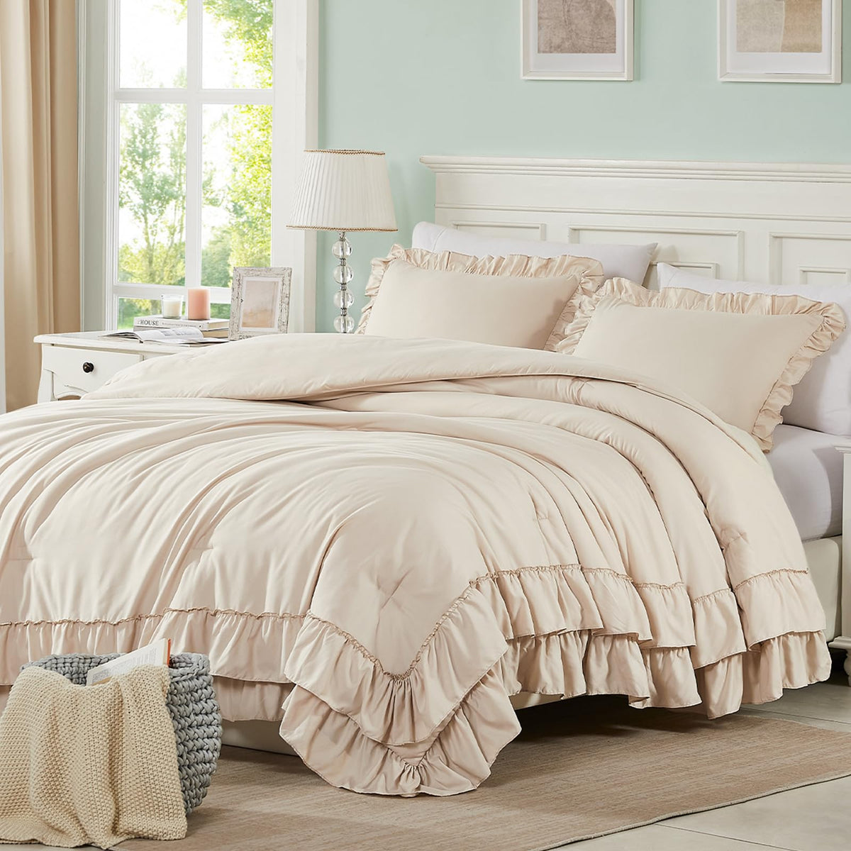 Cupocupa Blush Pink Comforter Set Queen, 3Pcs Comforters Queen Size Ruffle Farmhouse Bedding Sets Queen with Comforter, Lightweight Soft Shabby Chic Bedding Comforter Set Fluffy for All Season