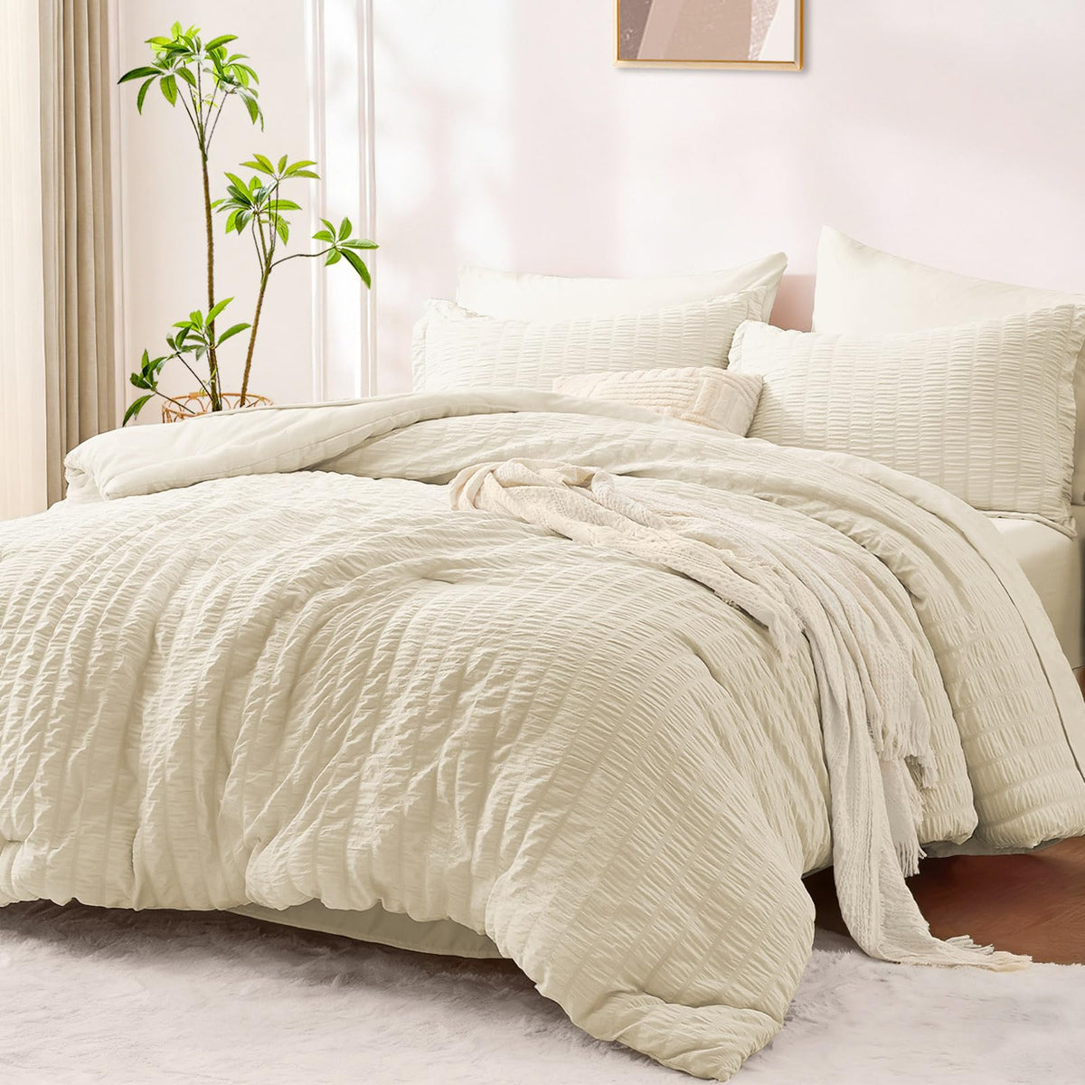 FUANNA Queen Comforter Set 7 Pieces, Pink Bed Set, Seersucker Bed in a Bag