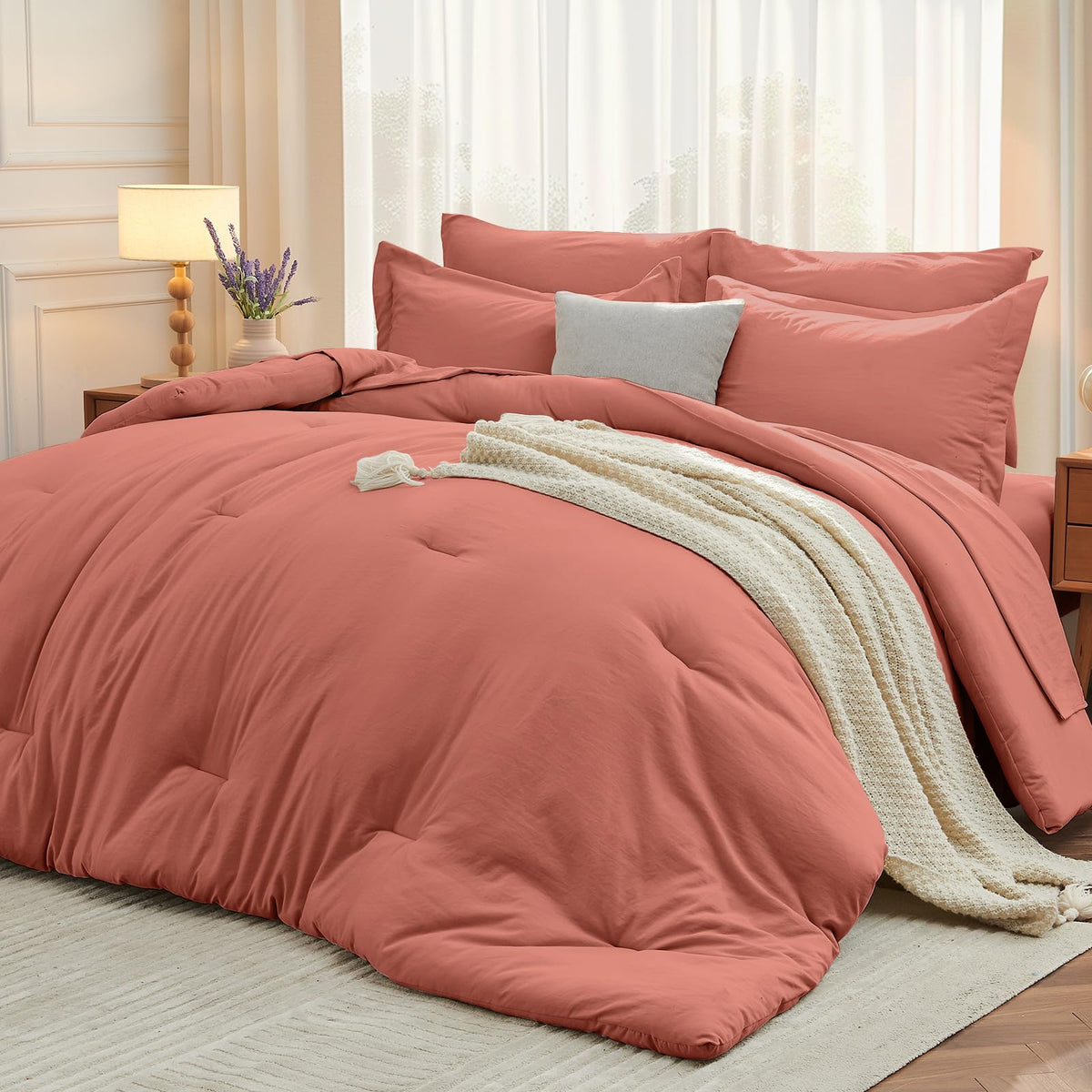 MUXHOMO 7 Pieces California King Comforter Set, Soft Bed in a Bag Cal King Size, All Season Bedding Set with Comforter, Flat Sheet, Fitted Sheet, Pillowcases & Shams, Beige