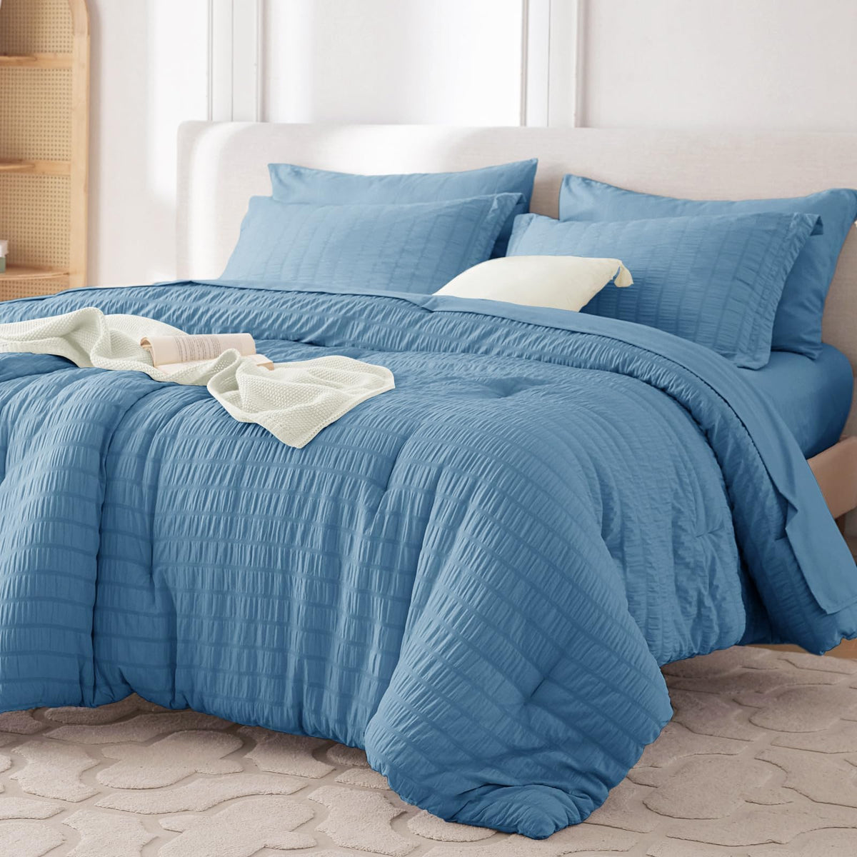 MUXHOMO 7 Pieces Queen Comforter Set, Seersucker Bed in a Bag Queen Size, All Season Luxury Bedding Set with Comforter, Flat Sheet, Fitted Sheet, Pillowcases & Shams, Beige