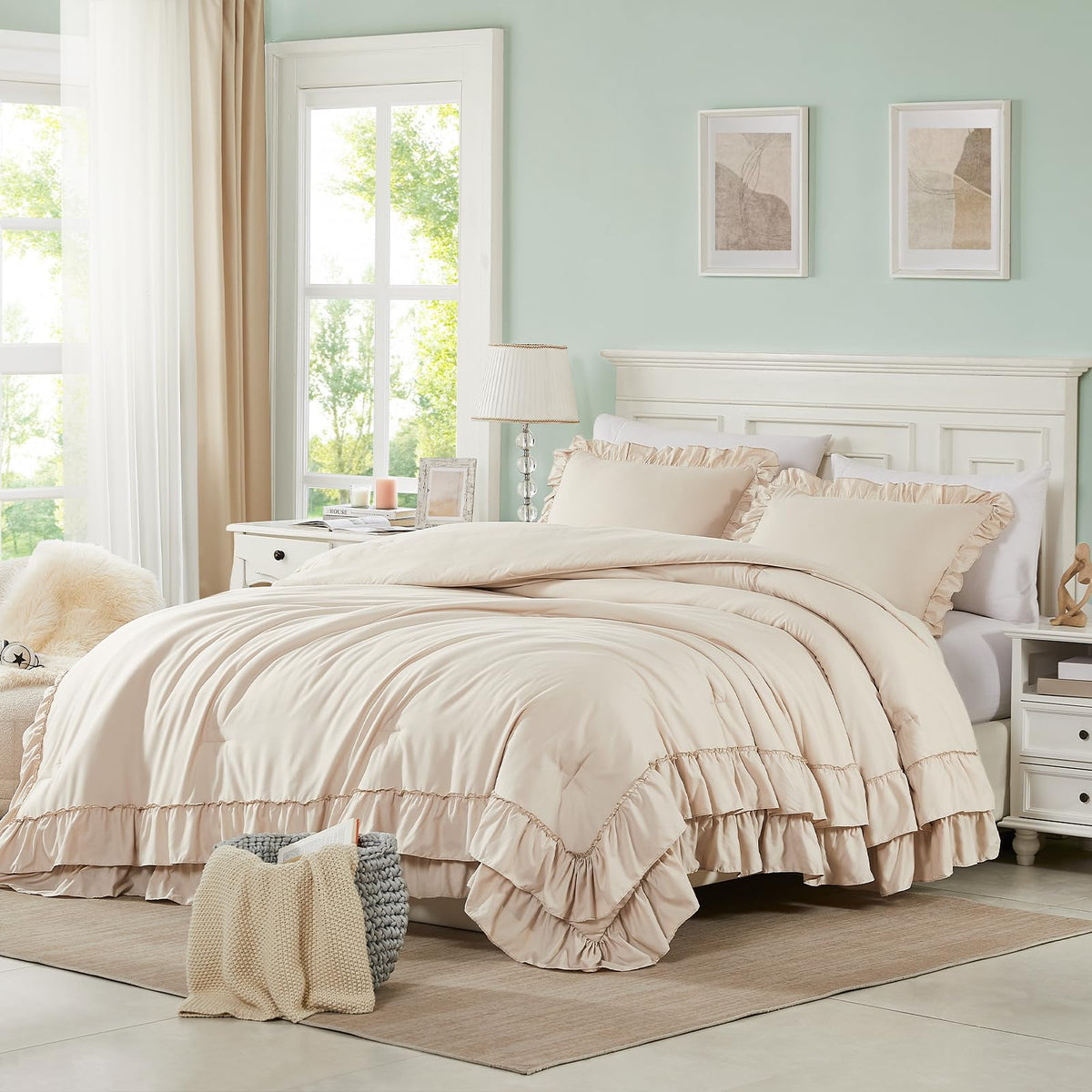 Cupocupa Blush Pink Comforter Set Queen, 3Pcs Comforters Queen Size Ruffle Farmhouse Bedding Sets Queen with Comforter, Lightweight Soft Shabby Chic Bedding Comforter Set Fluffy for All Season