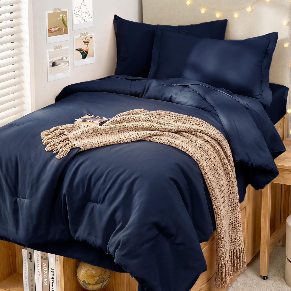 MUXHOMO 7 Pieces California King Comforter Set, Soft Bed in a Bag Cal King Size, All Season Bedding Set with Comforter, Flat Sheet, Fitted Sheet, Pillowcases & Shams, Beige