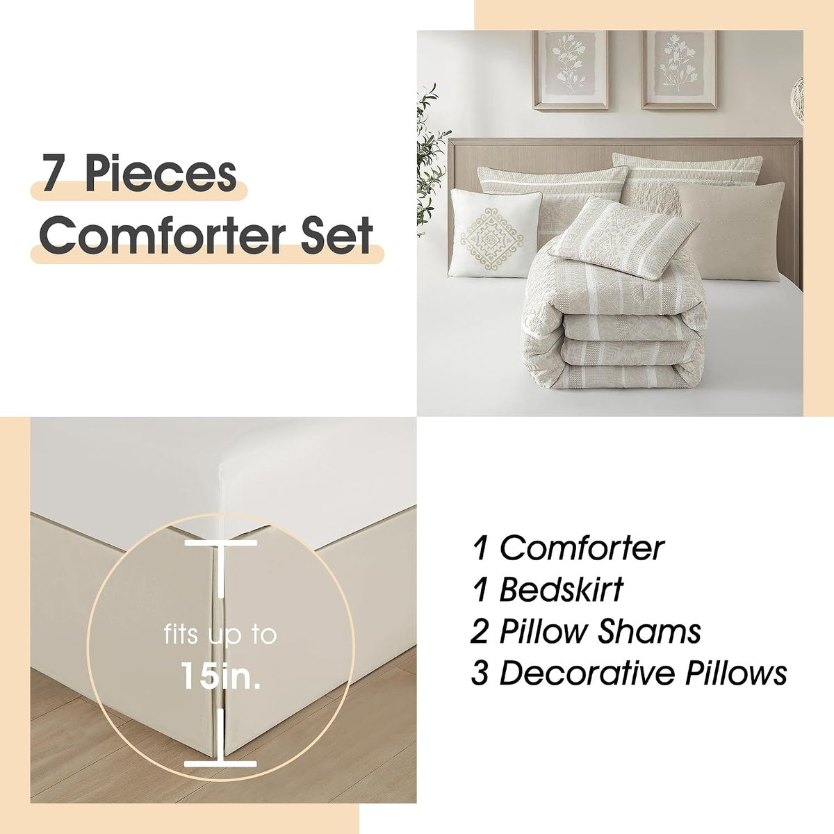 LANCO MODERN LIFESTYLE 7 Piece King Comforter Set, Beige, Elegant Jacquard with Patchwork, Stylish and Cozy Bedding Collection, Premium Bedding Set with Bedskirt, Shams and Pillows