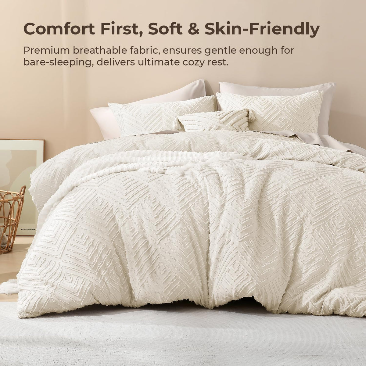 Litanika California King Comforter Set, 3 Pcs Beige Tufted Boho Bedding Set