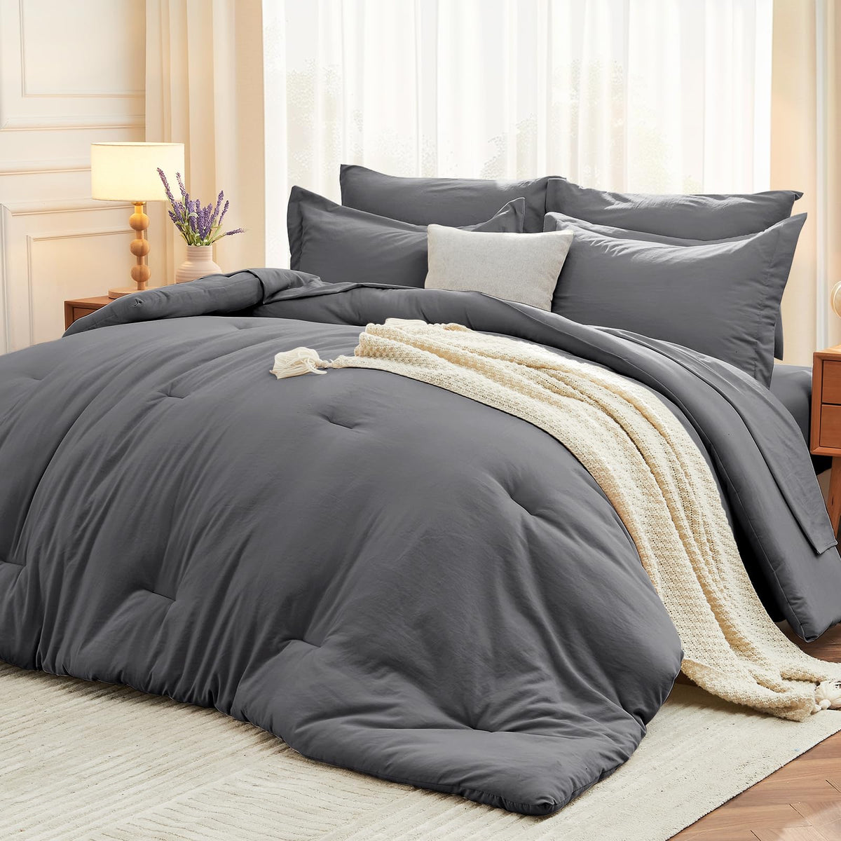 MUXHOMO 7 Pieces California King Comforter Set, Soft Bed in a Bag Cal King Size, All Season Bedding Set with Comforter, Flat Sheet, Fitted Sheet, Pillowcases & Shams, Beige