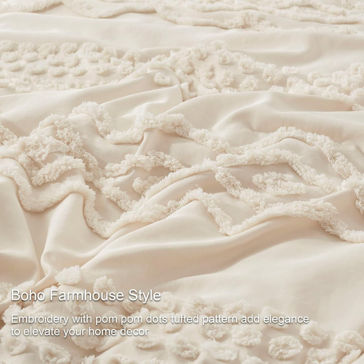 Luxudecor Beige Tufted Comforter Set, 3 Pieces Queen Size Boho Bedding Set