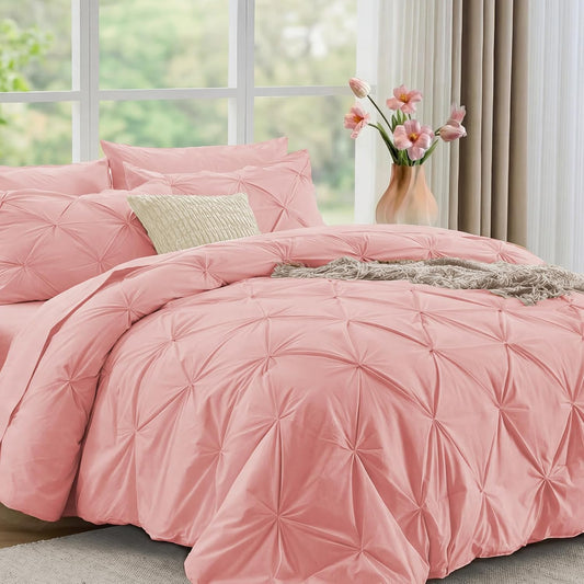 JOLLYVOGUE Queen Comforter Set 7 Pieces - Bed in a Bag Queen for All Season, Pintuck Bedding Comforter Sets with Comforter, Flat Sheet, Fitted Sheet and Pillowcases & Shams, Pink