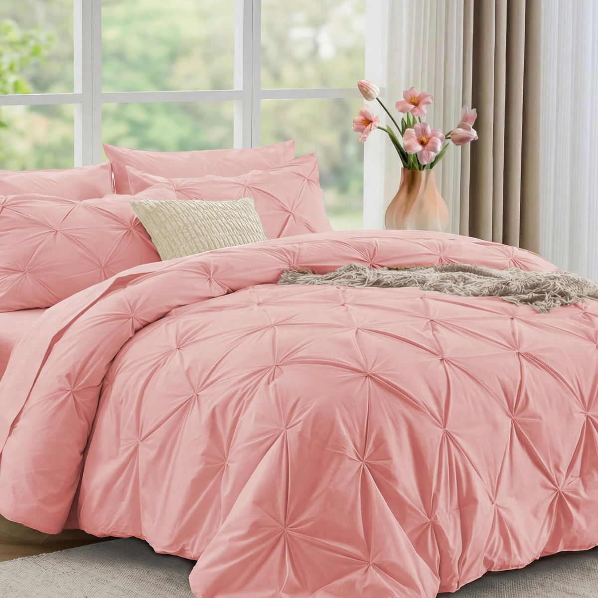 JOLLYVOGUE Queen Comforter Set 7 Pieces - Bed in a Bag Queen for All Season, Pintuck Bedding Comforter Sets with Comforter, Flat Sheet, Fitted Sheet and Pillowcases & Shams, Pink