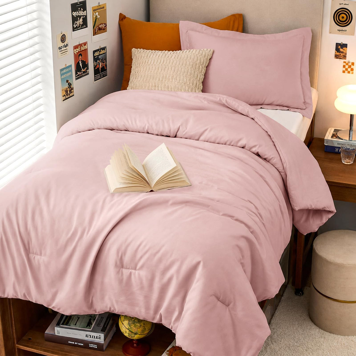 MUXHOMO Queen Size Comforter Set Beige, 3 Piece Solid Bedding for All Seasons, Warm Down Alternative Bed Set Includes 1 Lightweight Comforter (90"x90") and 2 Pillowshams (20"x26")