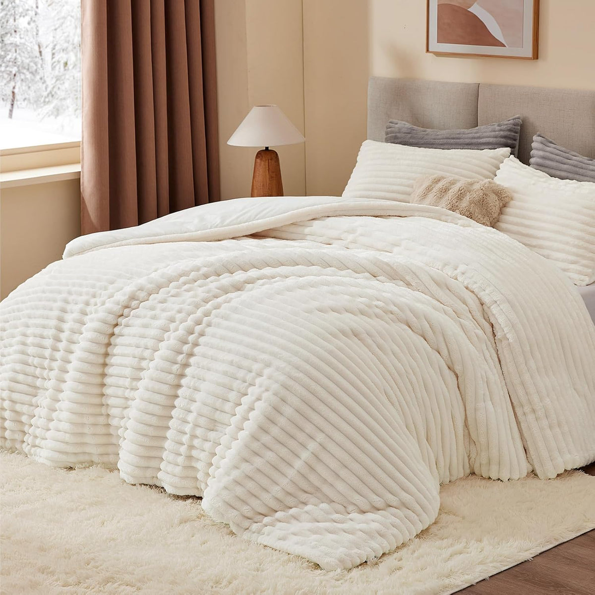 BEDELITE Fleece Queen Comforter Set, Fluffy Bed Set, Cream White
