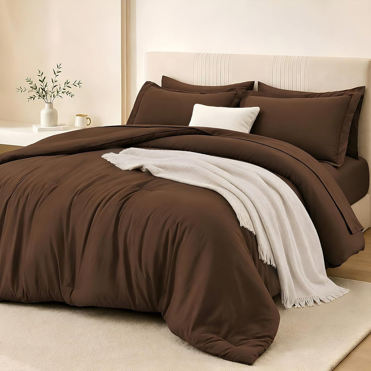 FUANNA Brown Queen Comforter Set 7 Pieces, Bed in a Bag Soft Bedding Sets