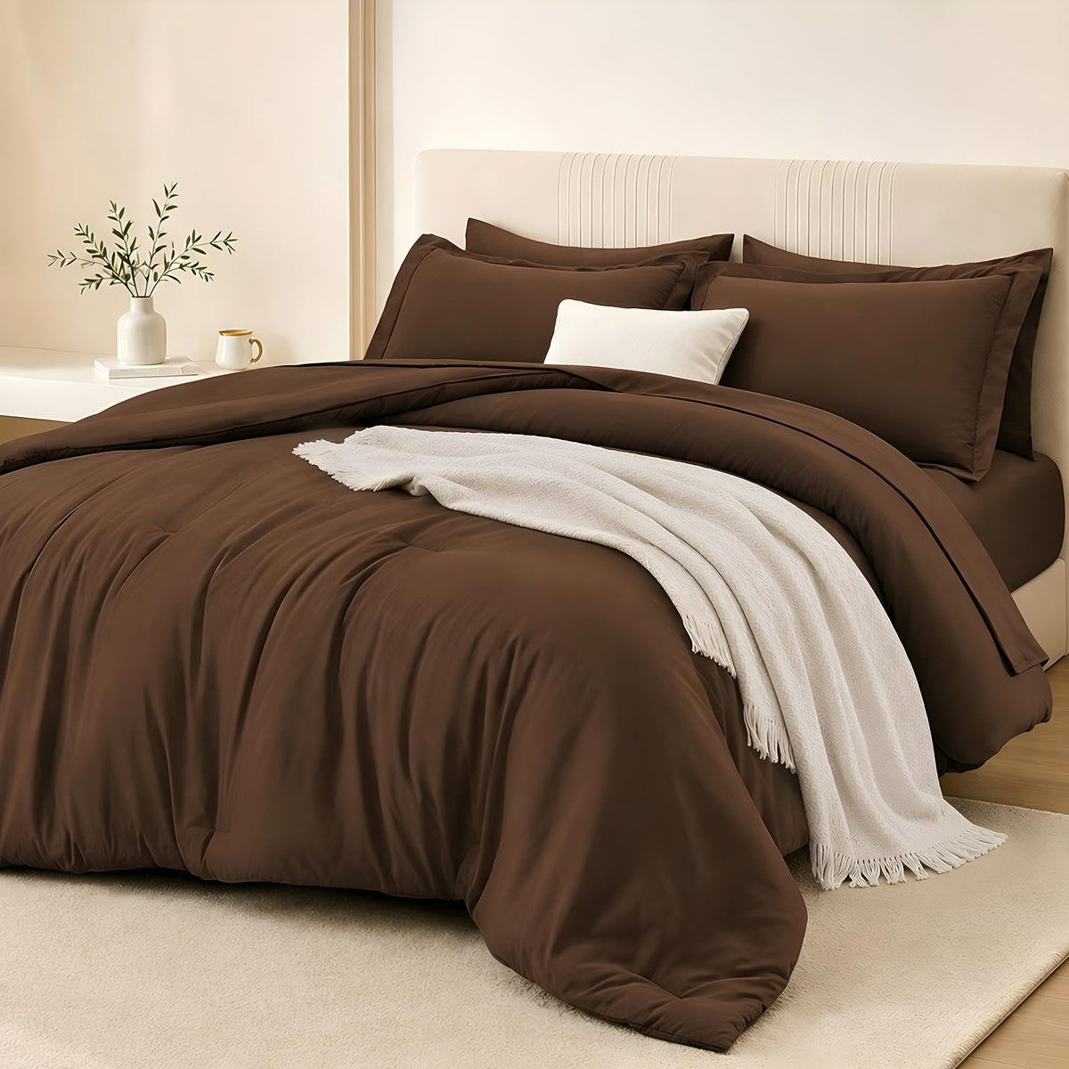 FUANNA Brown Queen Comforter Set 7 Pieces, Bed in a Bag Soft Bedding Sets