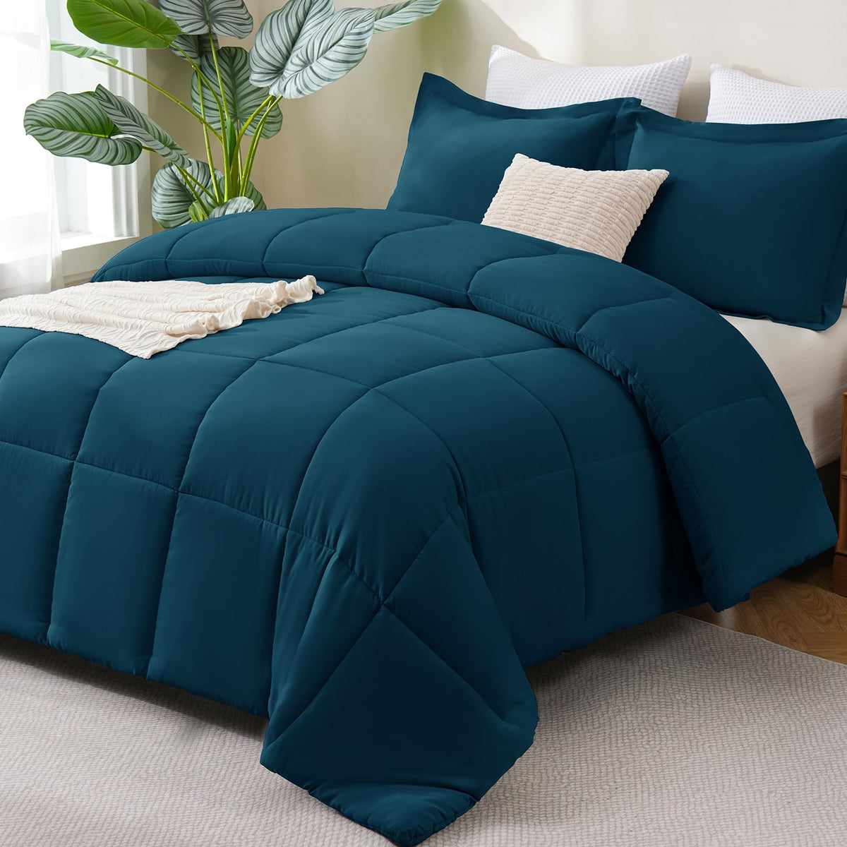 CozyLux Queen Comforter Set, 3-Piece Box-Stitched, Black