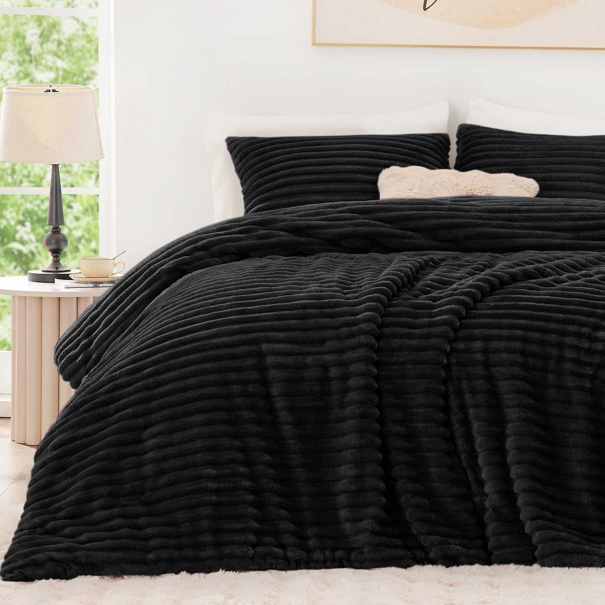 EXQ Home Fluffy Comforter Set Queen Size,3 Pieces Bed Set,Black