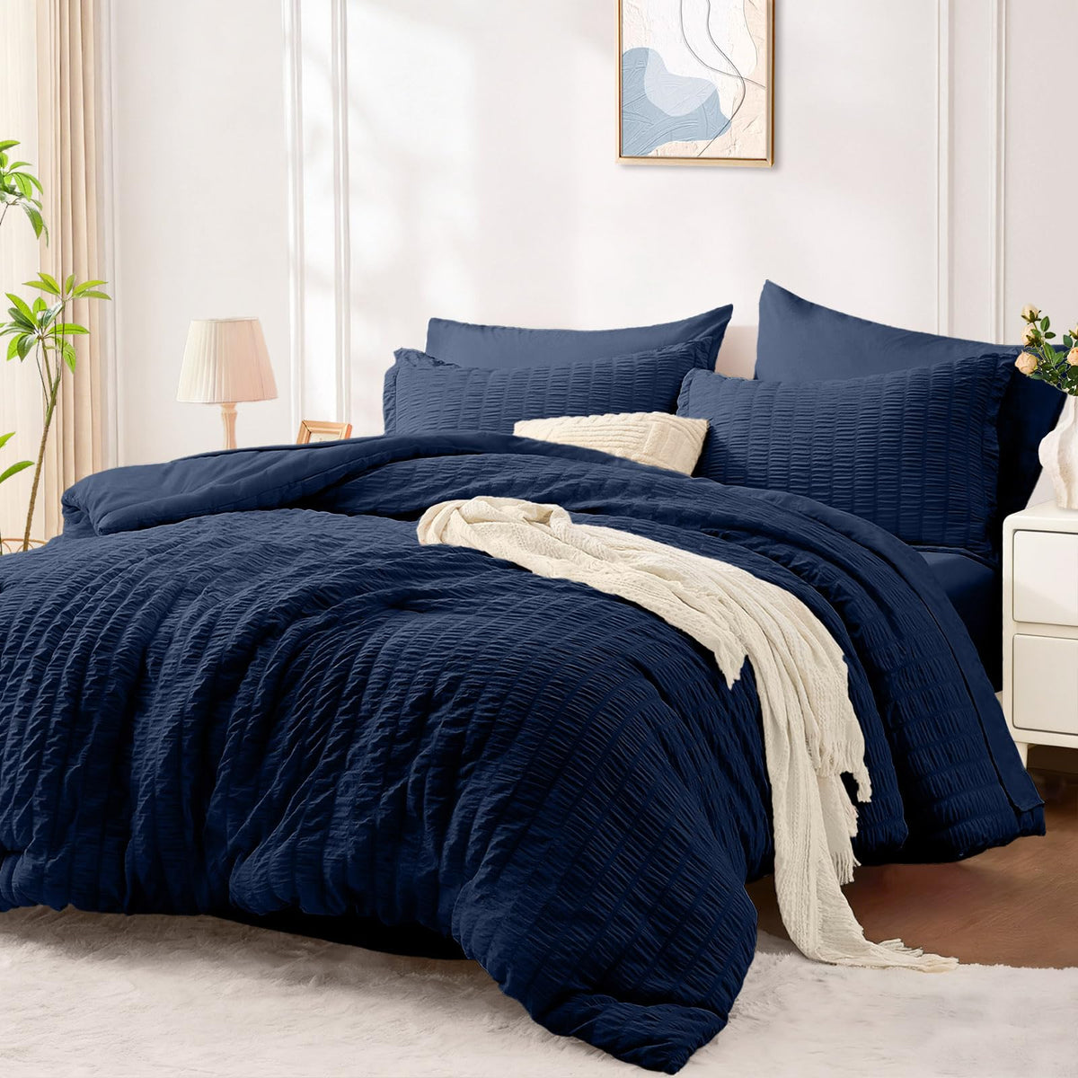 FUANNA Queen Comforter Set 7 Pieces, Pink Bed Set, Seersucker Bed in a Bag
