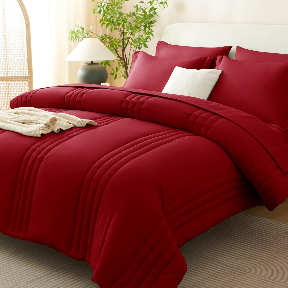 CozyLux Queen Comforter Set Beige - 7 Pieces Vertical Quilted Bed in a Bag