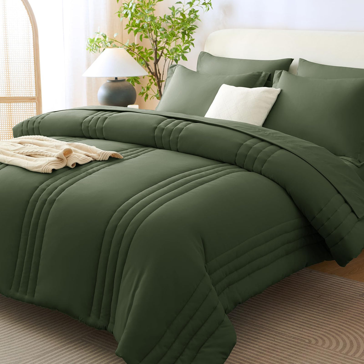 CozyLux Queen Comforter Set Beige - 7 Pieces Vertical Quilted Bed in a Bag