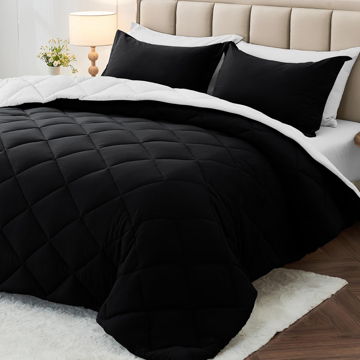 MUXHOMO 7 Pieces Queen Comforter Set, Reversible Bed in a Bag Queen Size, All Season Bedding Set with Comforter, Flat Sheet, Fitted Sheet, Pillowcases & Shams, Red & Black