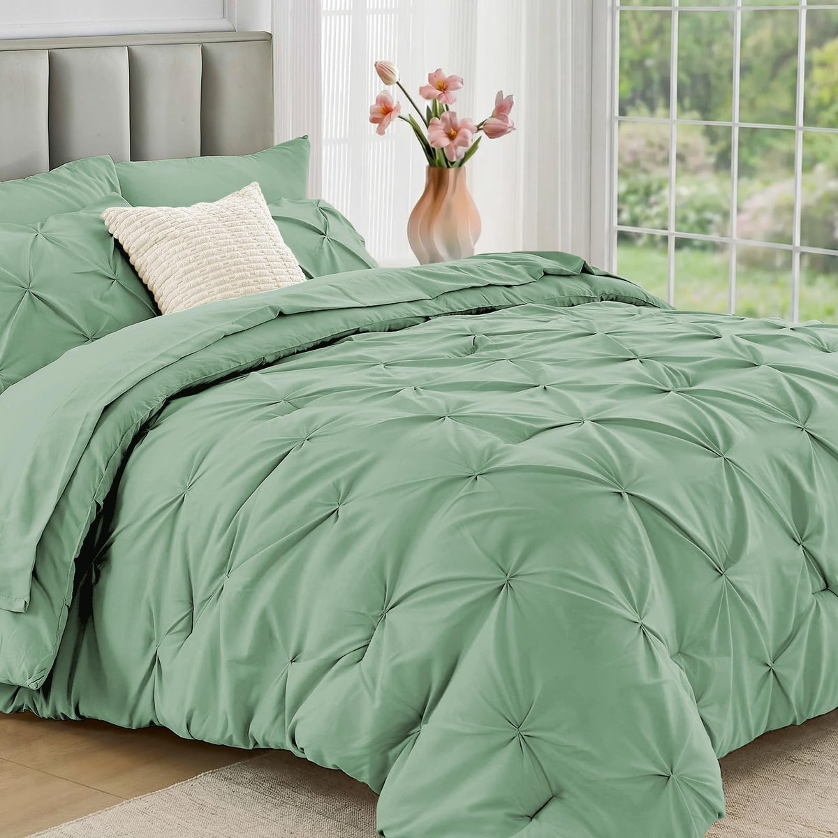 JOLLYVOGUE Queen Comforter Set 7 Pieces - Bed in a Bag Queen for All Season, Pintuck Bedding Comforter Sets with Comforter, Flat Sheet, Fitted Sheet and Pillowcases & Shams, Pink
