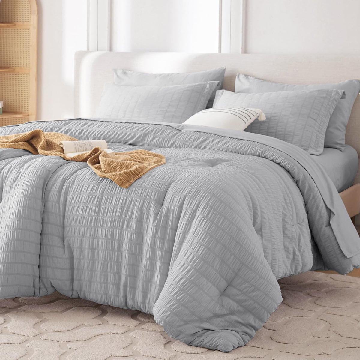 MUXHOMO 7 Pieces Queen Comforter Set, Seersucker Bed in a Bag Queen Size, All Season Luxury Bedding Set with Comforter, Flat Sheet, Fitted Sheet, Pillowcases & Shams, Beige