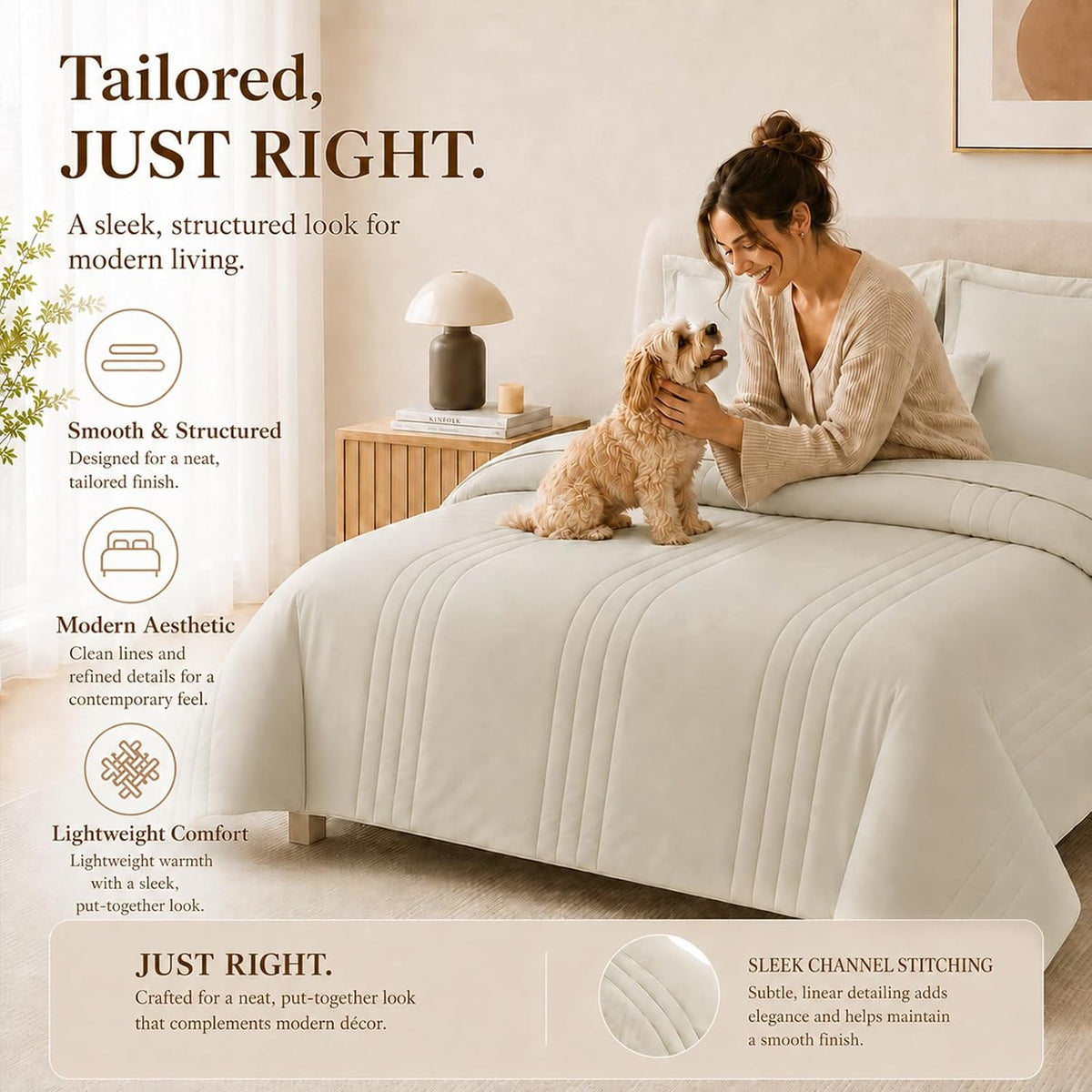 CozyLux Queen Comforter Set Beige - 7 Pieces Vertical Quilted Bed in a Bag