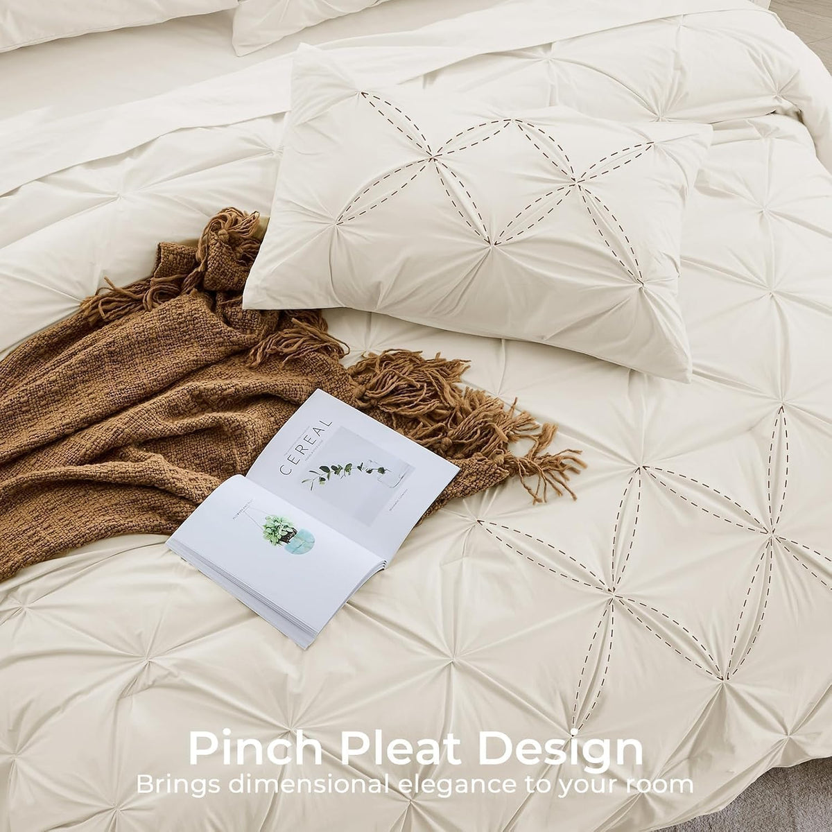 Sasttie Queen Comforter Set, 7-Piece Bed in a Bag, Pintuck Bedding Sets for All Season, Includes Comforter, Flat Sheet, Fitted Sheet, Pillowcases and Pillowshams, Beige