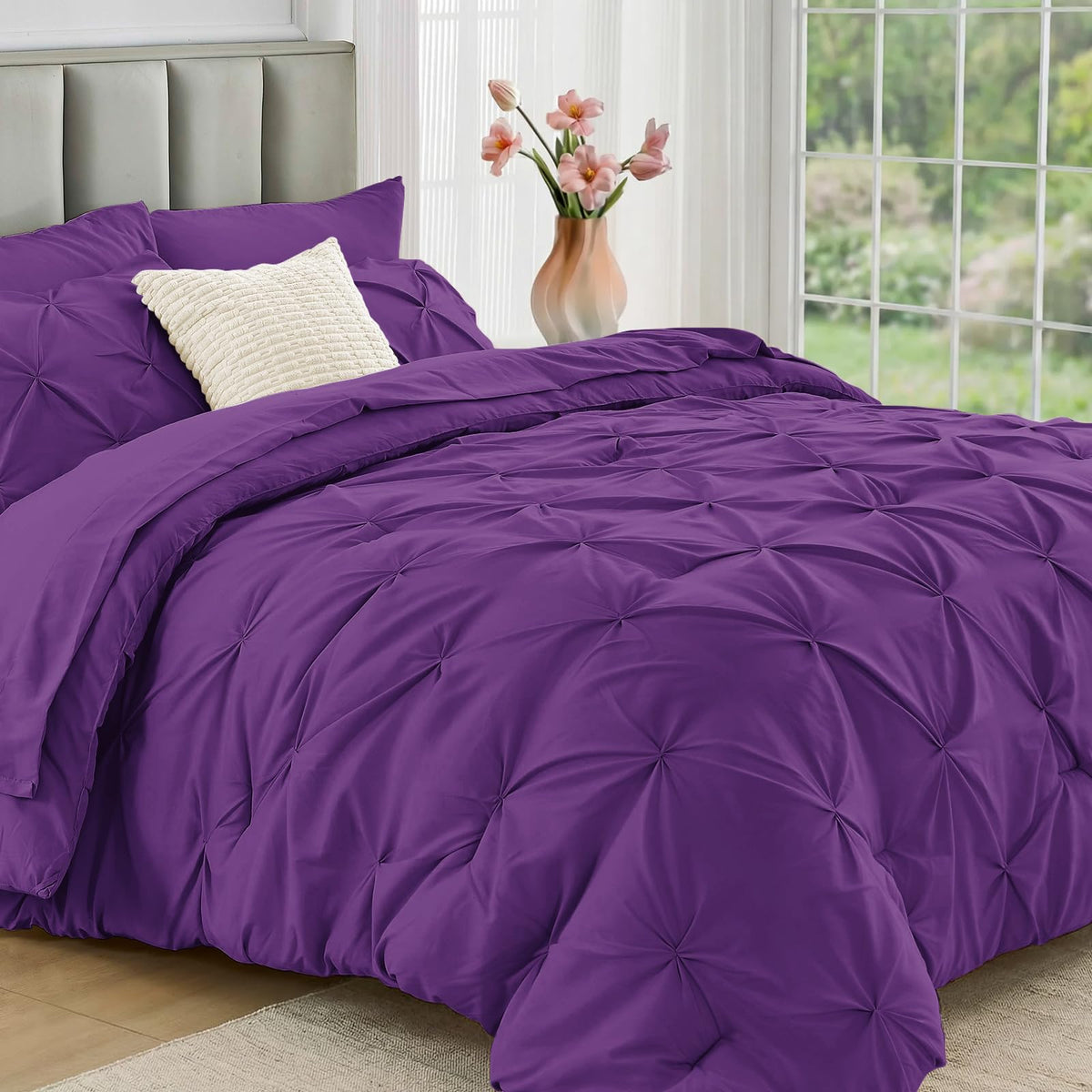 JOLLYVOGUE Queen Comforter Set 7 Pieces - Bed in a Bag Queen for All Season, Pintuck Bedding Comforter Sets with Comforter, Flat Sheet, Fitted Sheet and Pillowcases & Shams, Pink