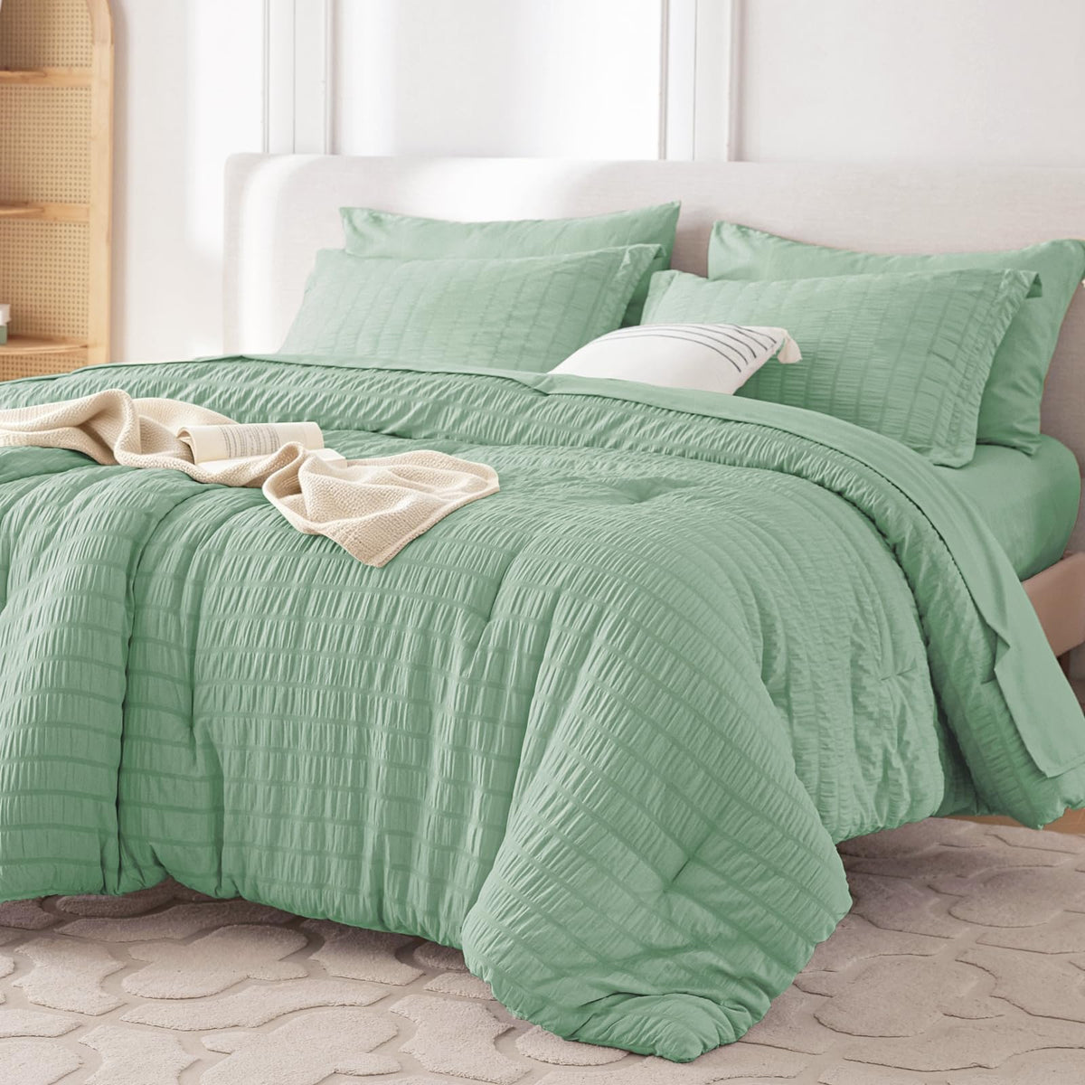 MUXHOMO 7 Pieces Queen Comforter Set, Seersucker Bed in a Bag Queen Size, All Season Luxury Bedding Set with Comforter, Flat Sheet, Fitted Sheet, Pillowcases & Shams, Beige