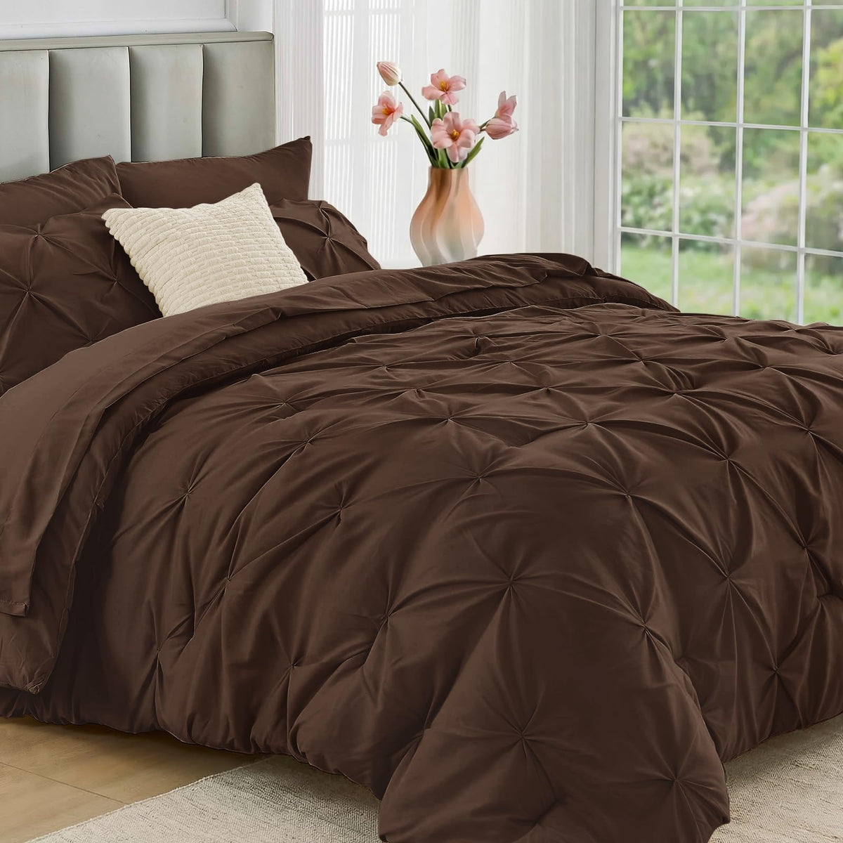 JOLLYVOGUE Queen Comforter Set 7 Pieces - Bed in a Bag Queen for All Season, Pintuck Bedding Comforter Sets with Comforter, Flat Sheet, Fitted Sheet and Pillowcases & Shams, Pink