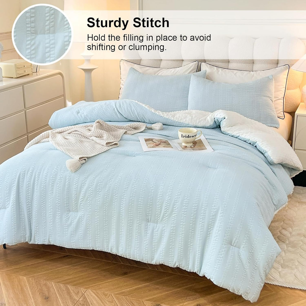 tohrisa Boho Comforter Set Full Size Striped Pleats Bohemian Seersucker Bedding Set All Season Soft Cozy 3 Pieces Quilt with 2 Pillowcases(80"X90" Light Blue)