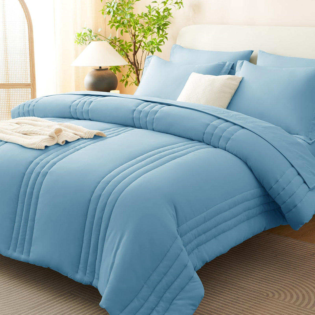 CozyLux Queen Comforter Set Beige - 7 Pieces Vertical Quilted Bed in a Bag
