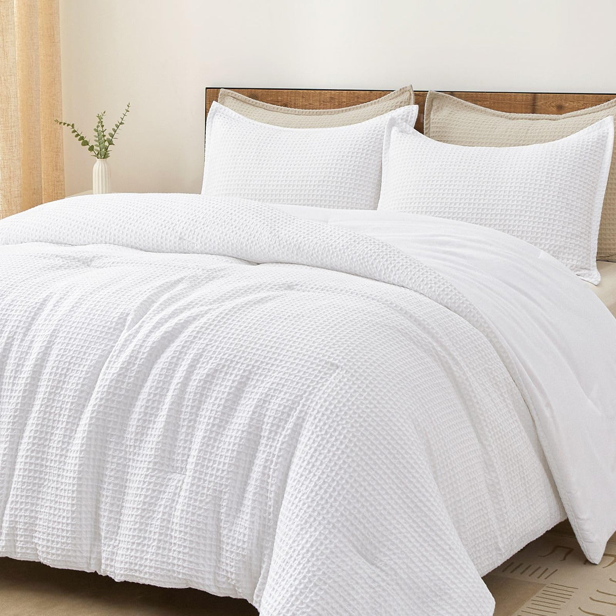 PHF Ultra Soft Waffle Comforter Set 3 Pieces Queen, Linen
