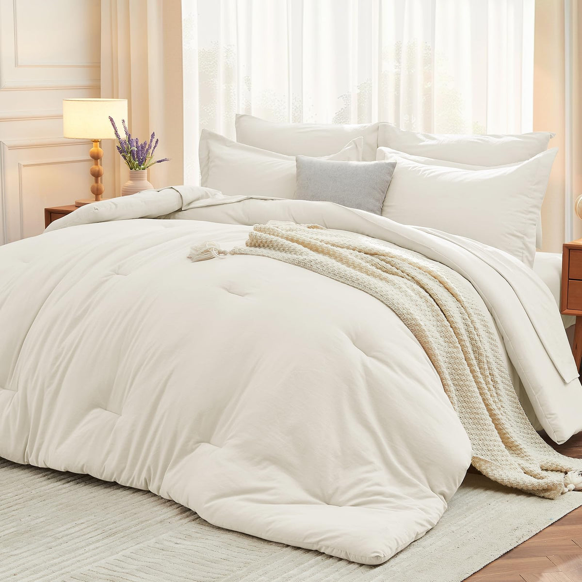 MUXHOMO 7 Pieces California King Comforter Set, Soft Bed in a Bag Cal King Size, All Season Bedding Set with Comforter, Flat Sheet, Fitted Sheet, Pillowcases & Shams, Beige