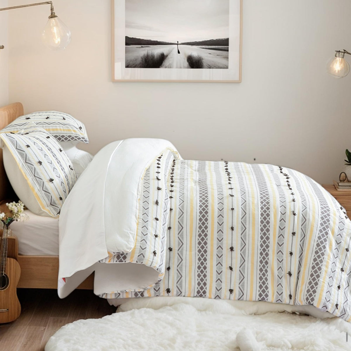 SLEEPBELLA Comforter Queen Size, 600 Thread Count Cotton Brown Branches and Blue Flowers Off-White Comforter Sets, Down Alternative Bedding Set 3Pcs(Queen, Off-White Botanical)