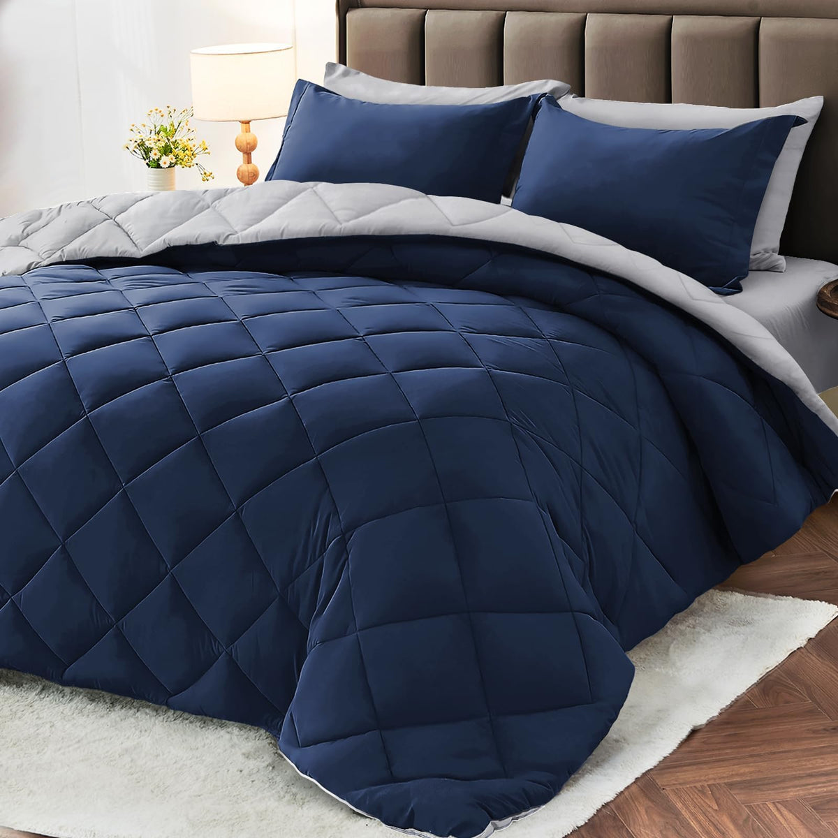 MUXHOMO 7 Pieces Queen Comforter Set, Reversible Bed in a Bag Queen Size, All Season Bedding Set with Comforter, Flat Sheet, Fitted Sheet, Pillowcases & Shams, Red & Black