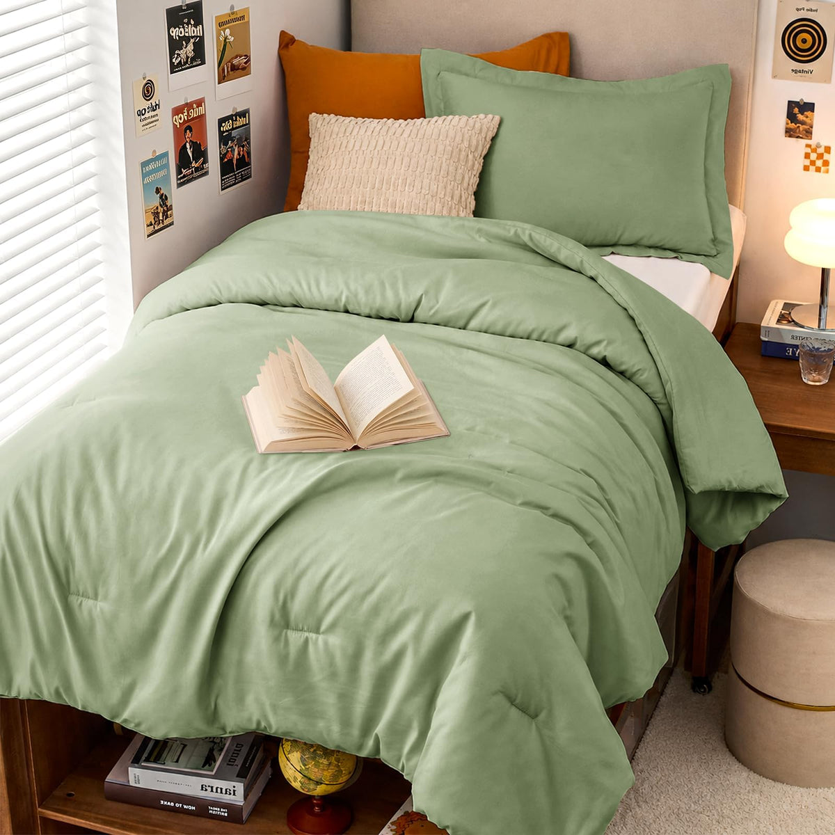 MUXHOMO Queen Size Comforter Set Beige, 3 Piece Solid Bedding for All Seasons, Warm Down Alternative Bed Set Includes 1 Lightweight Comforter (90"x90") and 2 Pillowshams (20"x26")