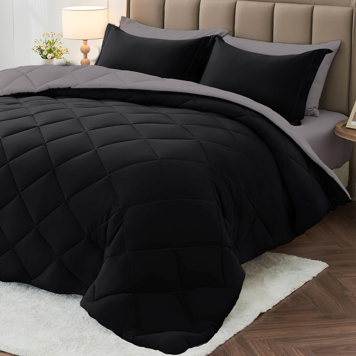 MUXHOMO 7 Pieces Queen Comforter Set, Reversible Bed in a Bag Queen Size, All Season Bedding Set with Comforter, Flat Sheet, Fitted Sheet, Pillowcases & Shams, Red & Black