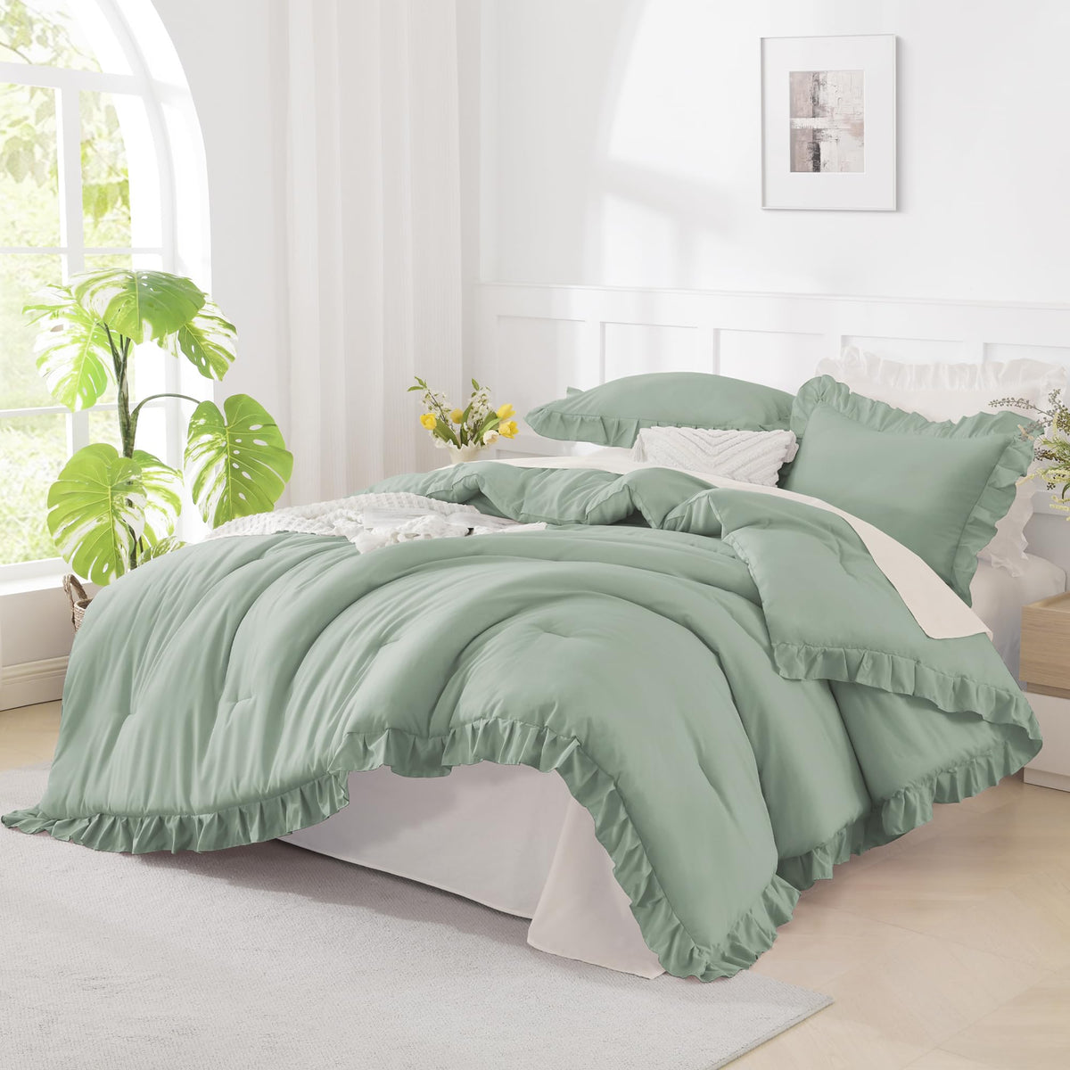 Andency White Comforter Set Queen Size, 3 Pieces Ruffle Farmhouse Bed Set