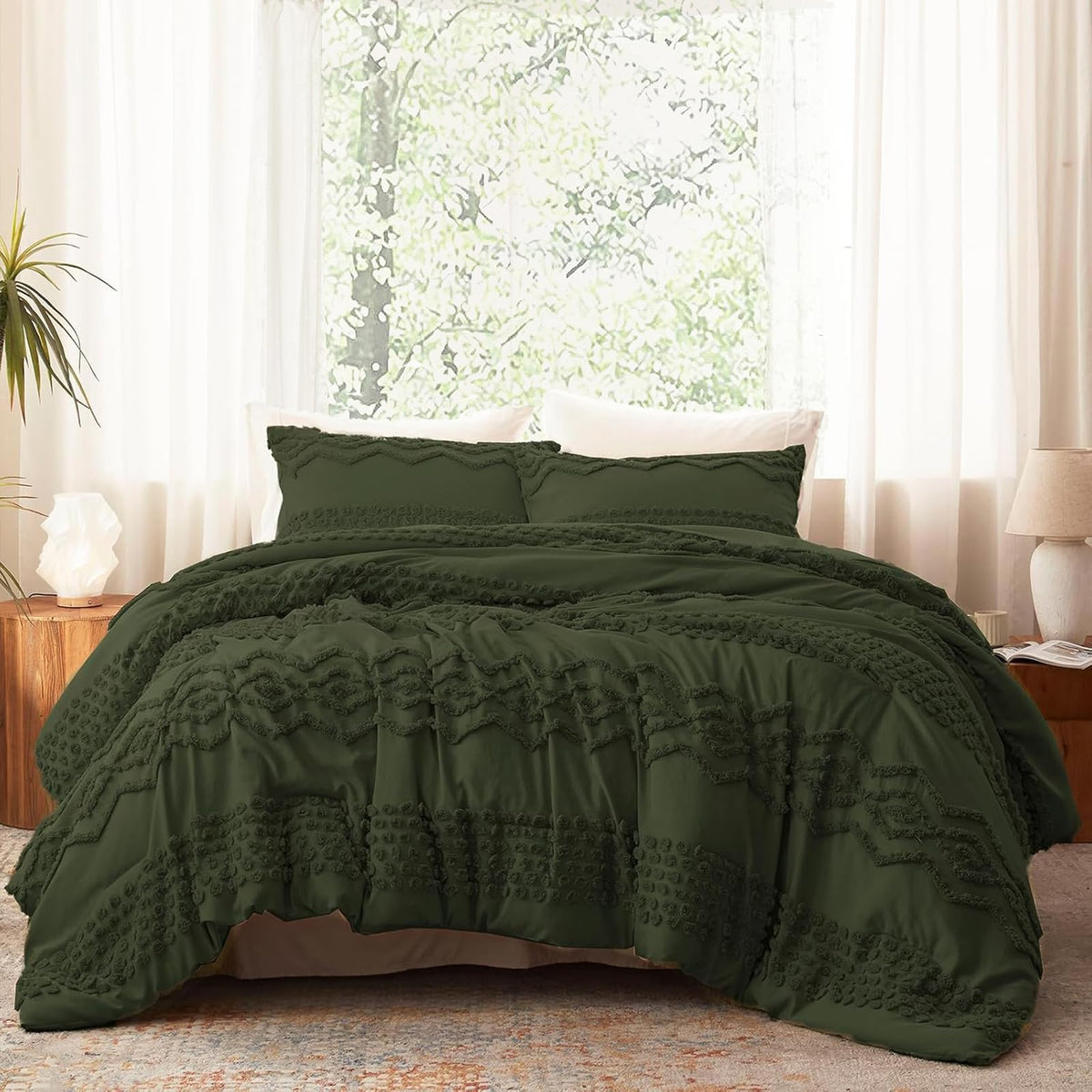 Luxudecor Beige Tufted Comforter Set, 3 Pieces Queen Size Boho Bedding Set
