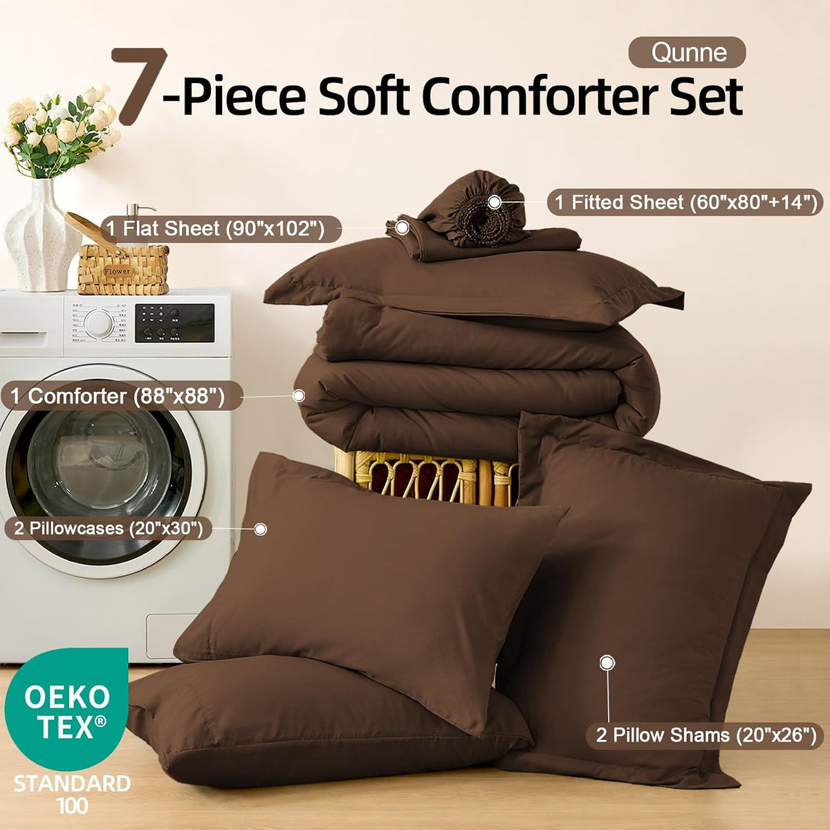 FUANNA Brown Queen Comforter Set 7 Pieces, Bed in a Bag Soft Bedding Sets